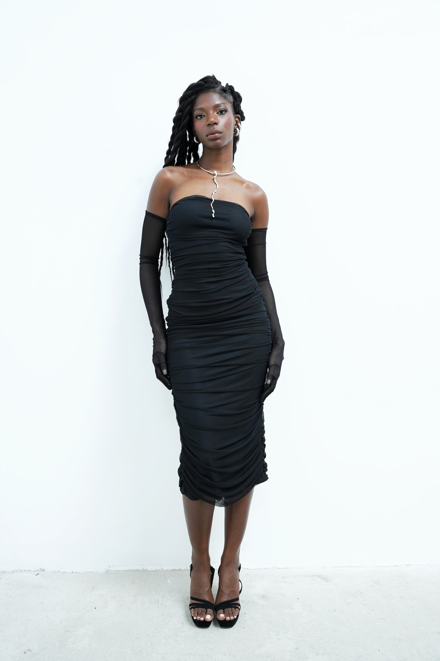 BLACK TOWERS DRAPED DRESS