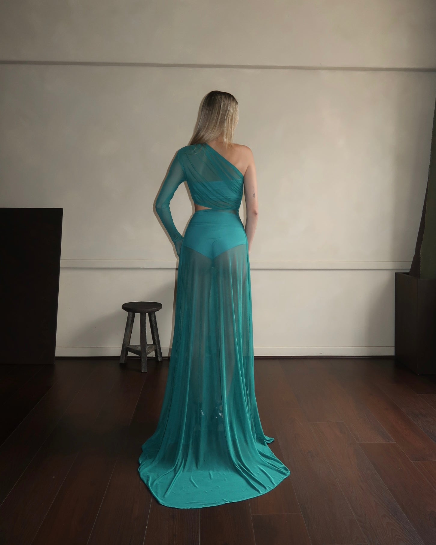 AQUA ONE-SHOULDER DRESS