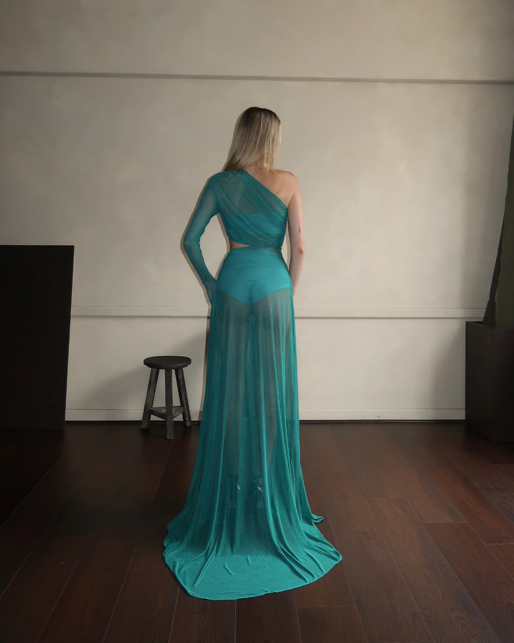 AQUA ONE-SHOULDER DRESS