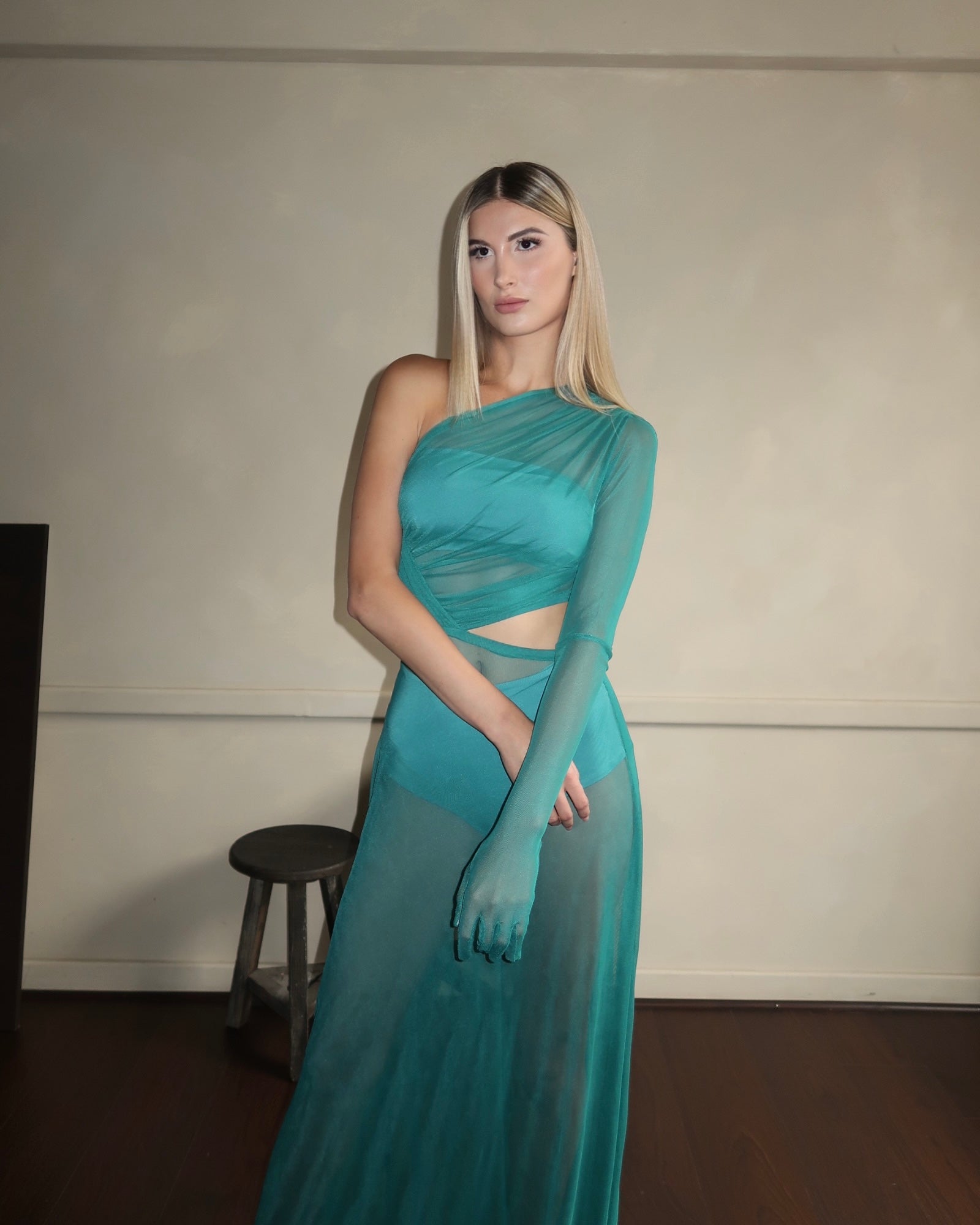 AQUA ONE-SHOULDER DRESS